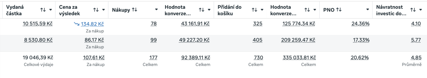 Výpis výkonu kampaní na Meta Ads, nákupy, hodnota konverze, PNO a návratnost investic