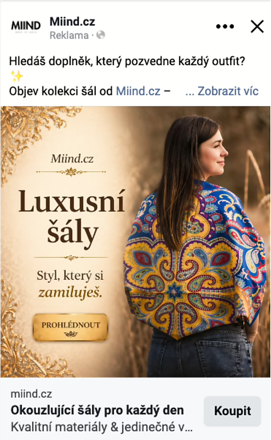 Meta Ads kreativa pro Miind.cz - luxusní šály