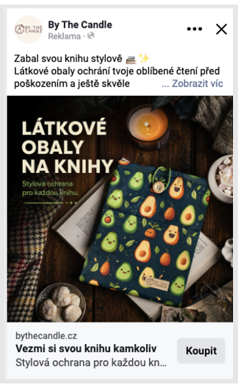 Meta Ads kreativa pro By The Candle - látkové obaly na knihy